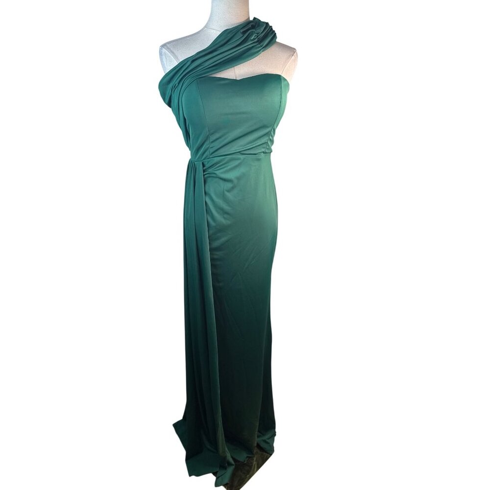 New Emerald Green Miss Ord Small One-Shoulder Draped Evening Gown Long Sleeve - Picture 2 of 16